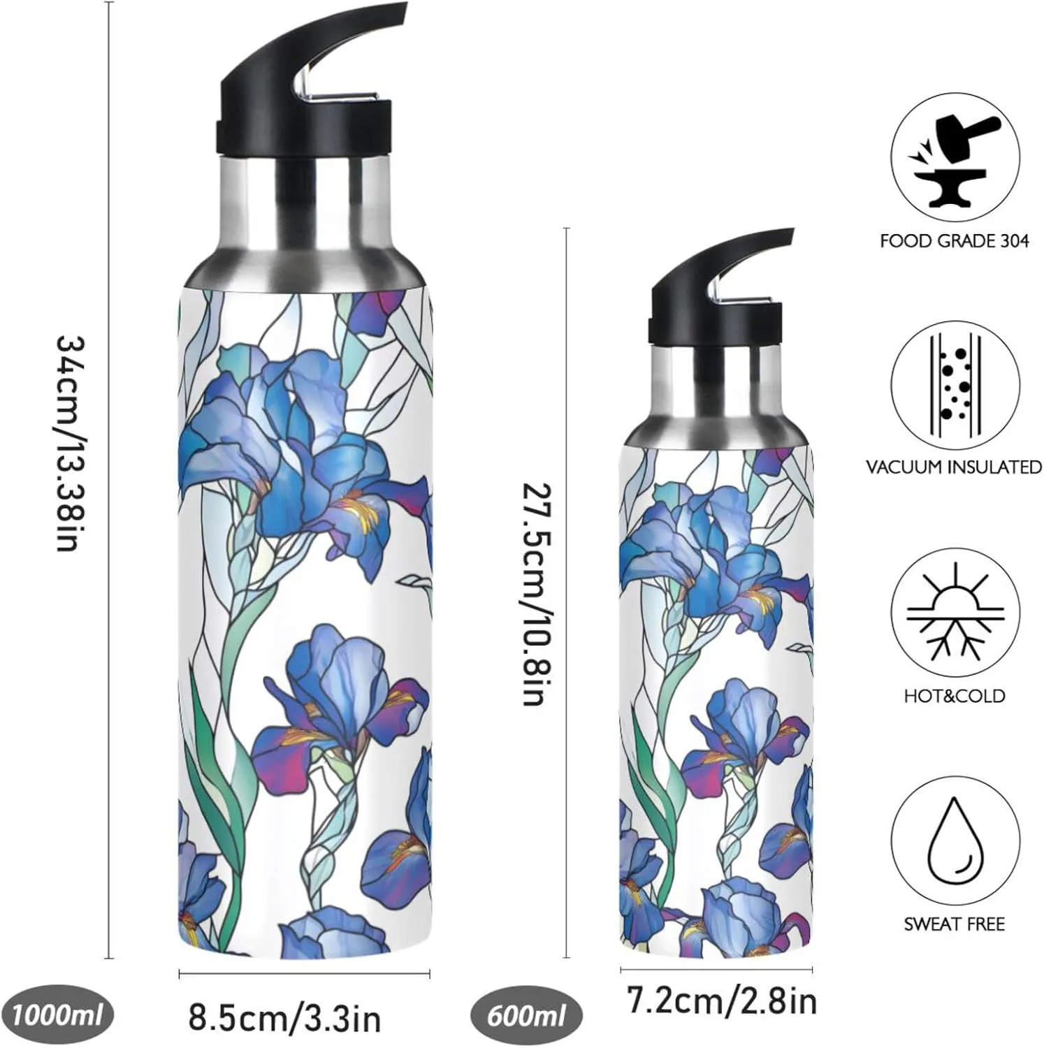 ALAZA Blue Irises Pattern Water Bottle with Straw Lid Vacuum Insulated Stainless Steel Thermo Flask Water Bottle 20oz