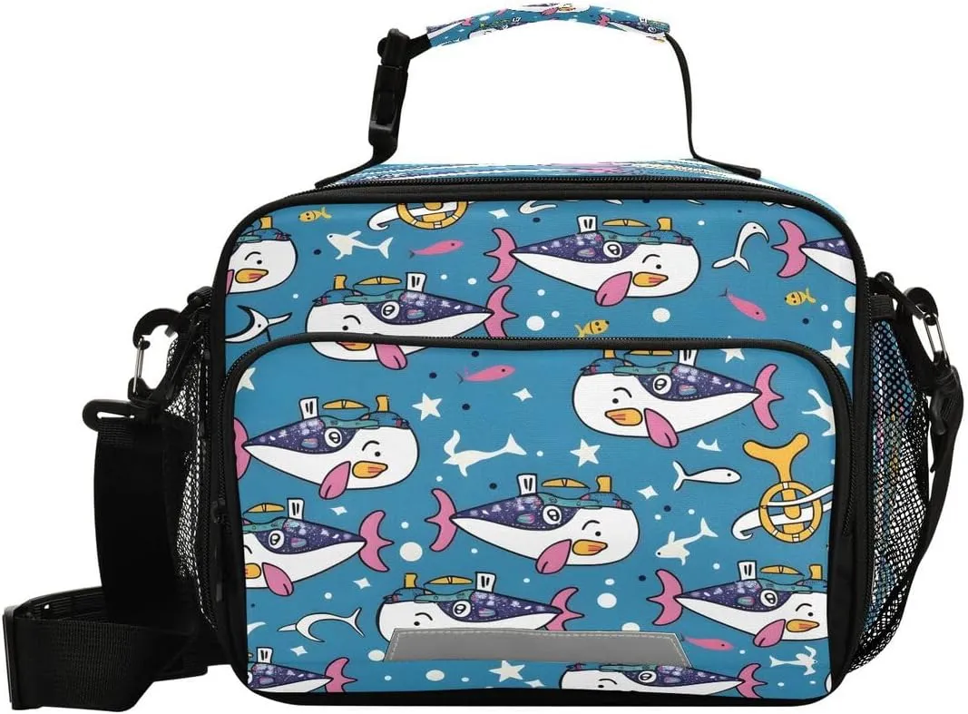 ALAZA Cute Sailor Whale Blue Lunch Bag Reusable Insulated Cooler Lunch Tote Bag with Adjustable Shoulder Strap for Boys Girls Travel Picnic