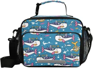 ALAZA Cute Sailor Whale Blue Lunch Bag Reusable Insulated Cooler Lunch Tote Bag with Adjustable Shoulder Strap for Boys Girls Travel Picnic