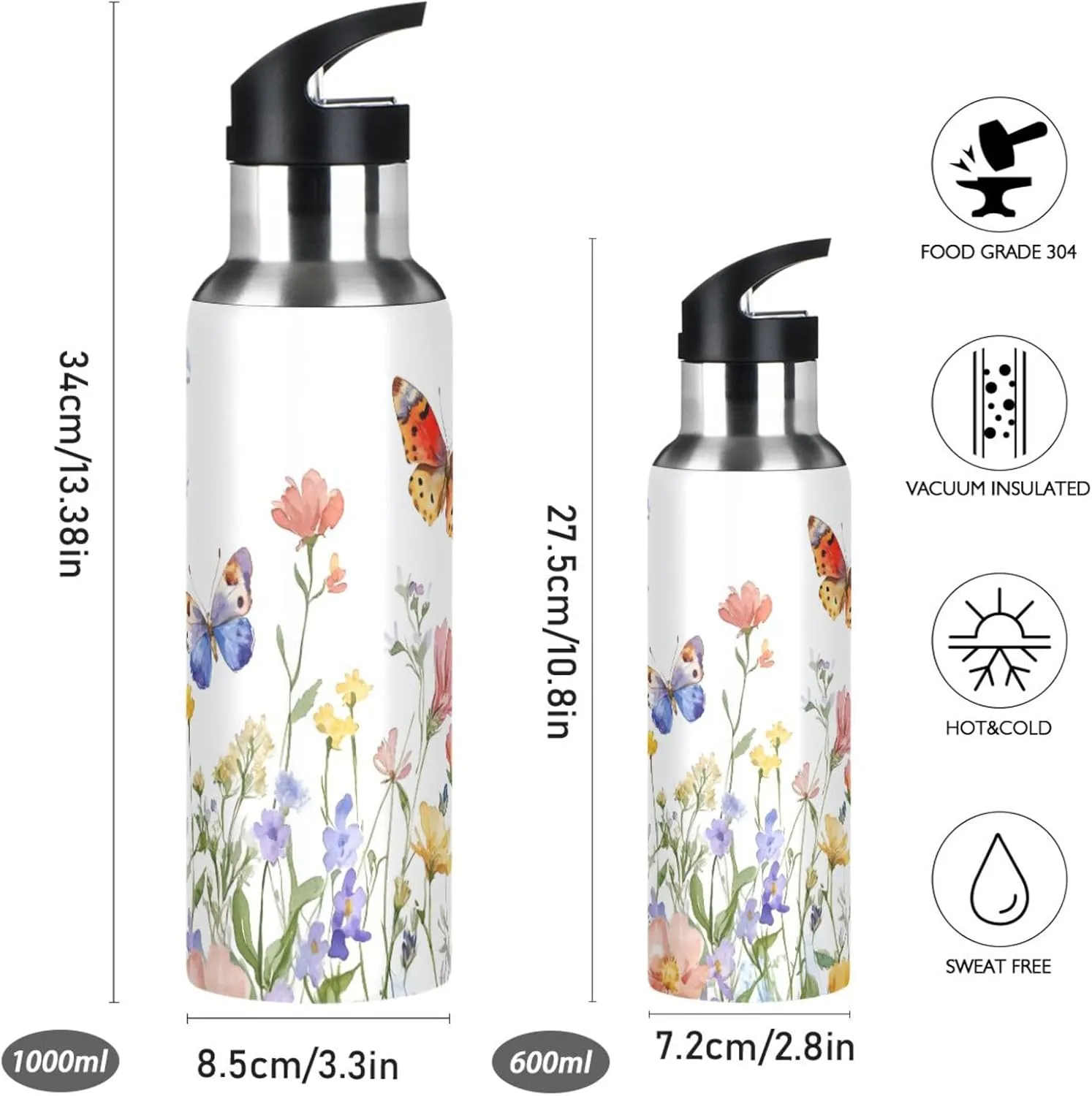 ALAZA Watercolor Wildflowers Butterfly Water Bottle with Straw Lid Vacuum Insulated Stainless Steel Thermo Flask Water Bottle 32oz