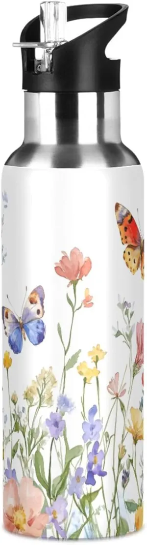 ALAZA Watercolor Wildflowers Butterfly Water Bottle with Straw Lid Vacuum Insulated Stainless Steel Thermo Flask Water Bottle 32oz