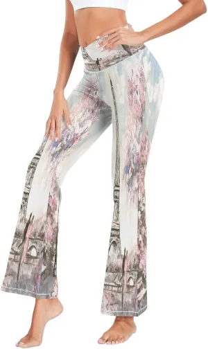 ALAZA Women's Paris Eiffel Tower Couple Pink Floral Flare Yoga Pants