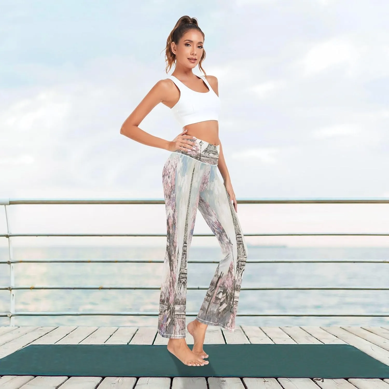 ALAZA Women's Paris Eiffel Tower Couple Pink Floral Flare Yoga Pants