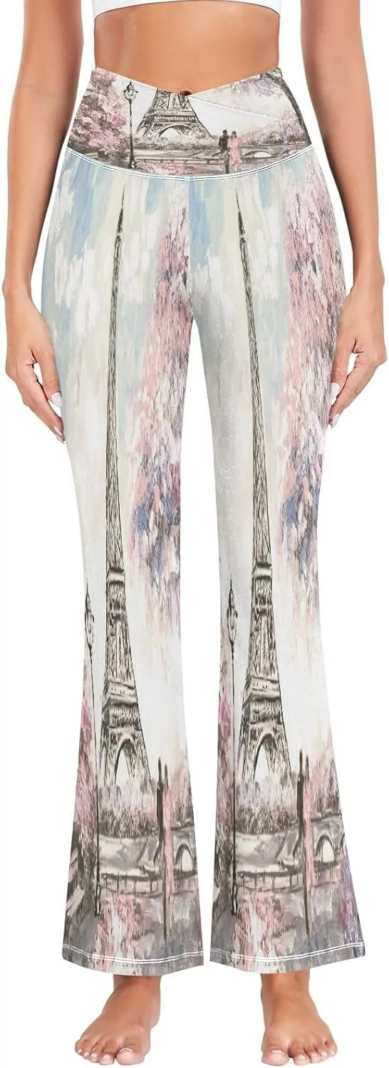 ALAZA Women's Paris Eiffel Tower Couple Pink Floral Flare Yoga Pants