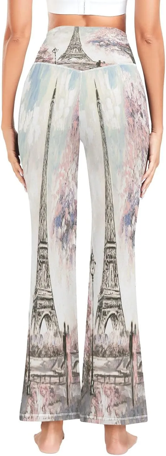 ALAZA Women's Paris Eiffel Tower Couple Pink Floral Flare Yoga Pants