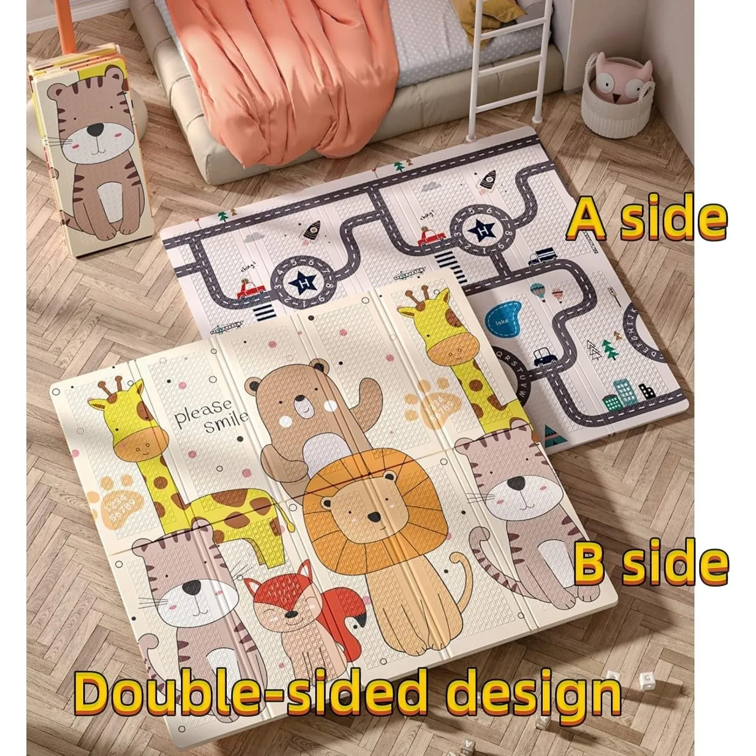 AM ANNA Foldable Baby Play Mat, 200 * 180 * 1.5 CM Extra Large Waterproof Activity Playmats for Babies,Toddlers, Infants, Play & Tummy Time, Foam Baby Mat for Floor,Indoor Outdoor Use (Please Smile)