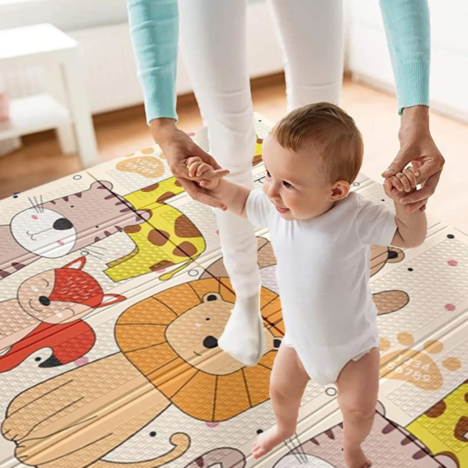 AM ANNA Foldable Baby Play Mat, 200 * 180 * 1.5 CM Extra Large Waterproof Activity Playmats for Babies,Toddlers, Infants, Play & Tummy Time, Foam Baby Mat for Floor,Indoor Outdoor Use (Please Smile)