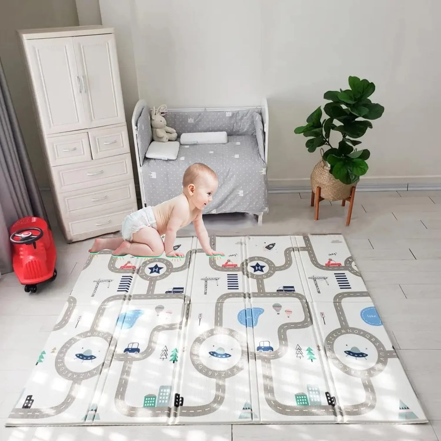 AM ANNA Foldable Baby Play Mat, 200 * 180 * 1.5 CM Extra Large Waterproof Activity Playmats for Babies,Toddlers, Infants, Play & Tummy Time, Foam Baby Mat for Floor,Indoor Outdoor Use (Please Smile)