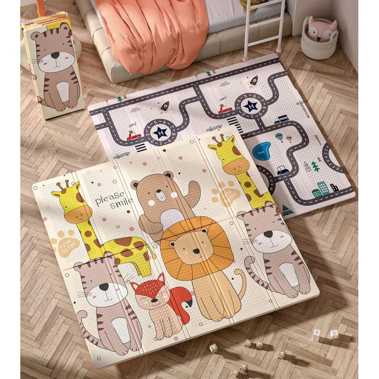 AM ANNA Foldable Baby Play Mat, 200 * 180 * 1.5 CM Extra Large Waterproof Activity Playmats for Babies,Toddlers, Infants, Play & Tummy Time, Foam Baby Mat for Floor,Indoor Outdoor Use (Please Smile)