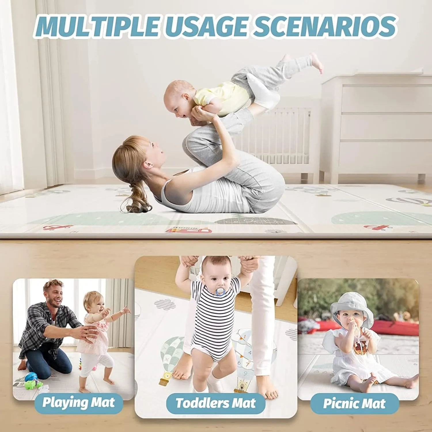 AM ANNA Foldable Baby Play Mat, 200 * 180 * 1.5 CM Extra Large Waterproof Activity Playmats for Babies,Toddlers, Infants, Play & Tummy Time, Foam Baby Mat for Floor,Indoor Outdoor Use (Please Smile)