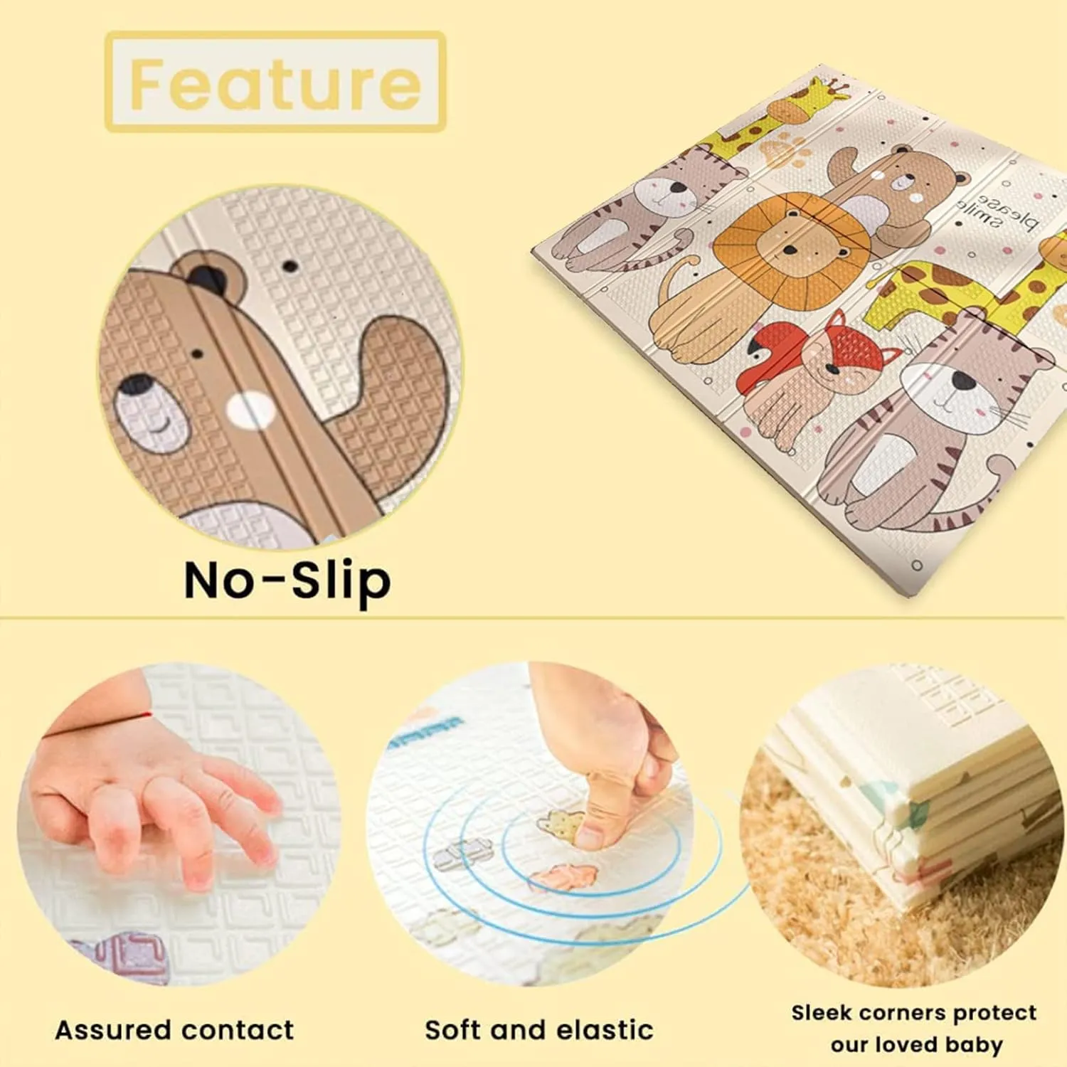 AM ANNA Foldable Baby Play Mat, 200 * 180 * 1.5 CM Extra Large Waterproof Activity Playmats for Babies,Toddlers, Infants, Play & Tummy Time, Foam Baby Mat for Floor,Indoor Outdoor Use (Please Smile)