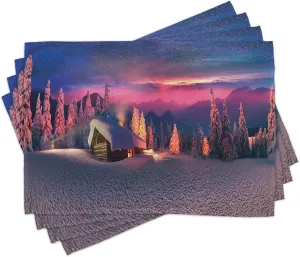 Ambesonne Milky Way Place Mats Set of 4, Wild Alpine Scene with Cabin in The Woods Winter with Starry Skyline Illustration, Washable Fabric Placemats for Dining Room Kitchen Table Decor, Multicolor