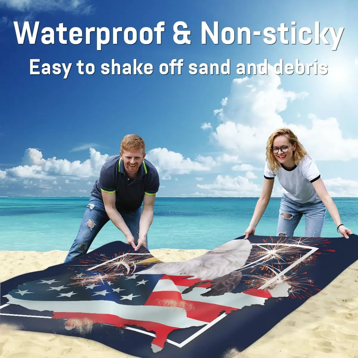 America Memorial Day Beach Blanket, Sandproof Beach Mat, 68 x 59 Waterproof Quick Drying Sand Free Mat with 4 x Ground Spikes for Outdoor Travel Camping Hiking, 4th of July