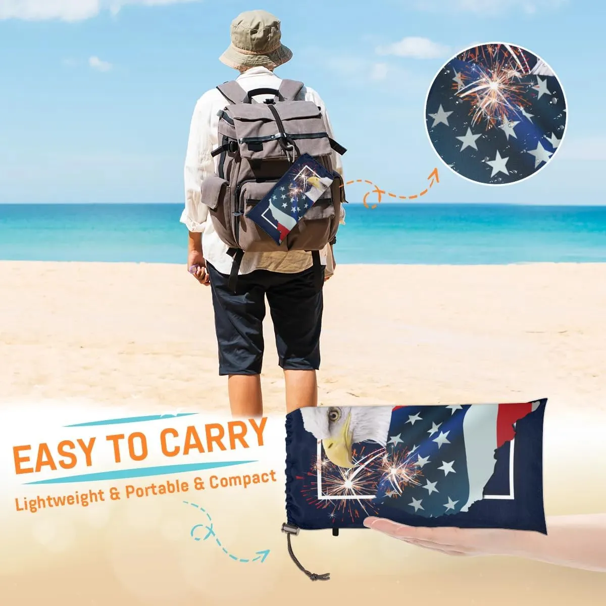 America Memorial Day Beach Blanket, Sandproof Beach Mat, 68 x 59 Waterproof Quick Drying Sand Free Mat with 4 x Ground Spikes for Outdoor Travel Camping Hiking, 4th of July