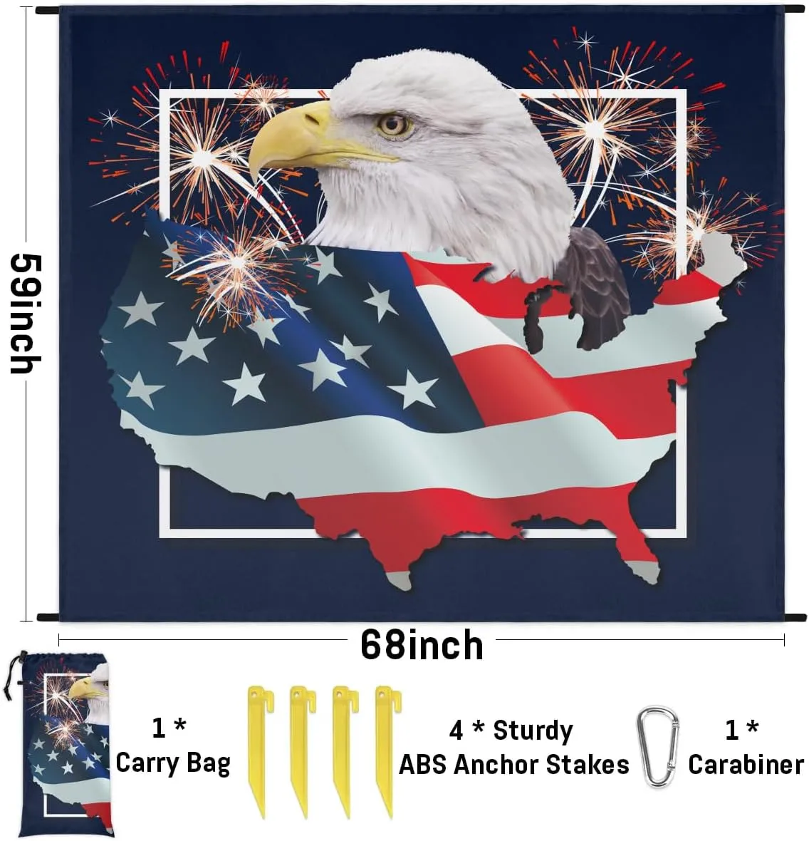 America Memorial Day Beach Blanket, Sandproof Beach Mat, 68 x 59 Waterproof Quick Drying Sand Free Mat with 4 x Ground Spikes for Outdoor Travel Camping Hiking, 4th of July