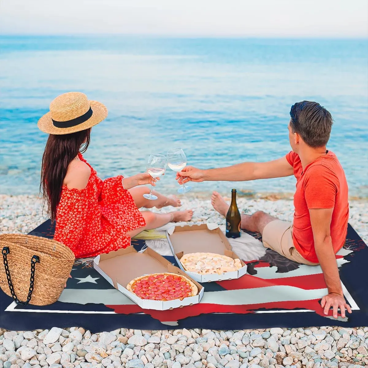 America Memorial Day Beach Blanket, Sandproof Beach Mat, 68 x 59 Waterproof Quick Drying Sand Free Mat with 4 x Ground Spikes for Outdoor Travel Camping Hiking, 4th of July