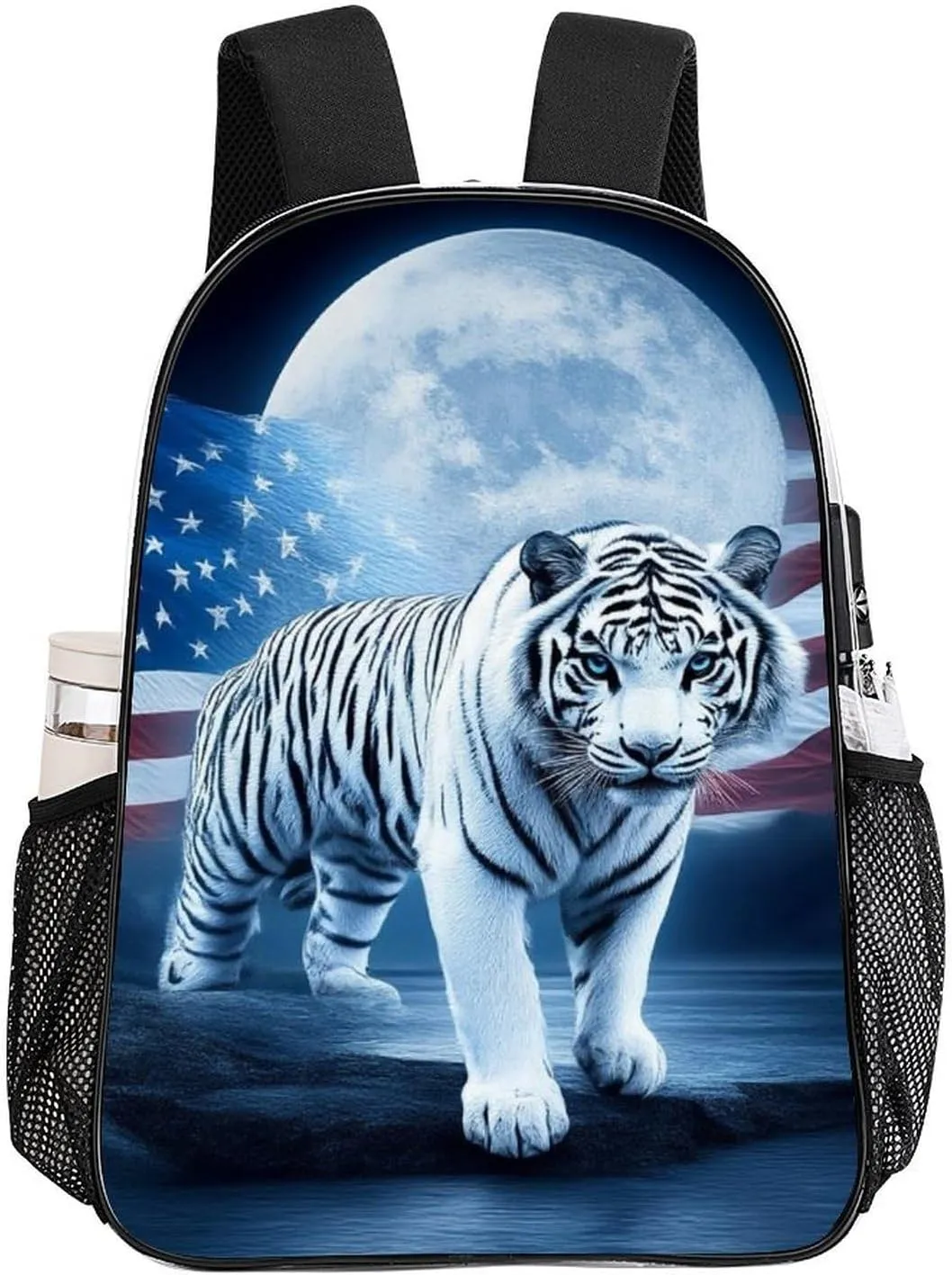 American Flag White Tiger Moon Patriotic Art Print Shoulder Book Bags Transparent Multipurpose Anti-Theft Carry On Bag Large Capacity Travel Hiking & Camping Rucksack