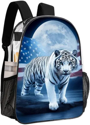 American Flag White Tiger Moon Patriotic Art Print Shoulder Book Bags Transparent Multipurpose Anti-Theft Carry On Bag Large Capacity Travel Hiking & Camping Rucksack