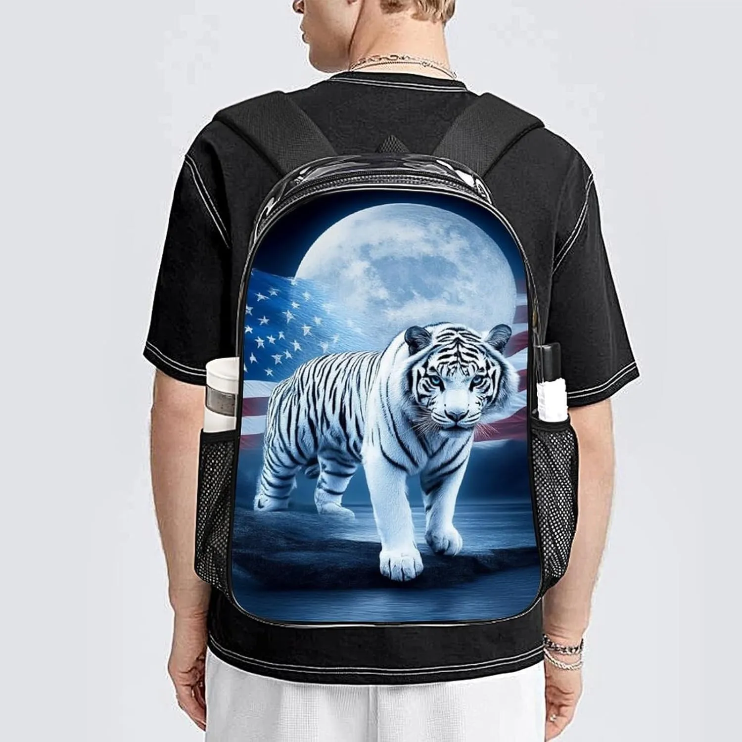 American Flag White Tiger Moon Patriotic Art Print Shoulder Book Bags Transparent Multipurpose Anti-Theft Carry On Bag Large Capacity Travel Hiking & Camping Rucksack