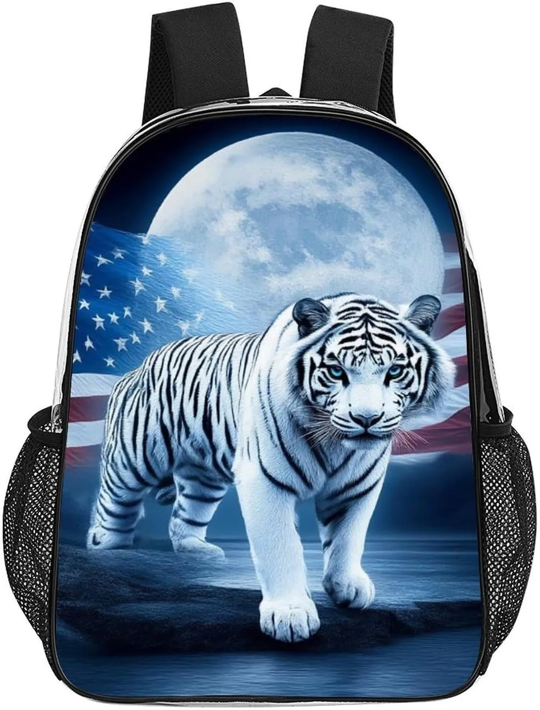 American Flag White Tiger Moon Patriotic Art Print Shoulder Book Bags Transparent Multipurpose Anti-Theft Carry On Bag Large Capacity Travel Hiking & Camping Rucksack