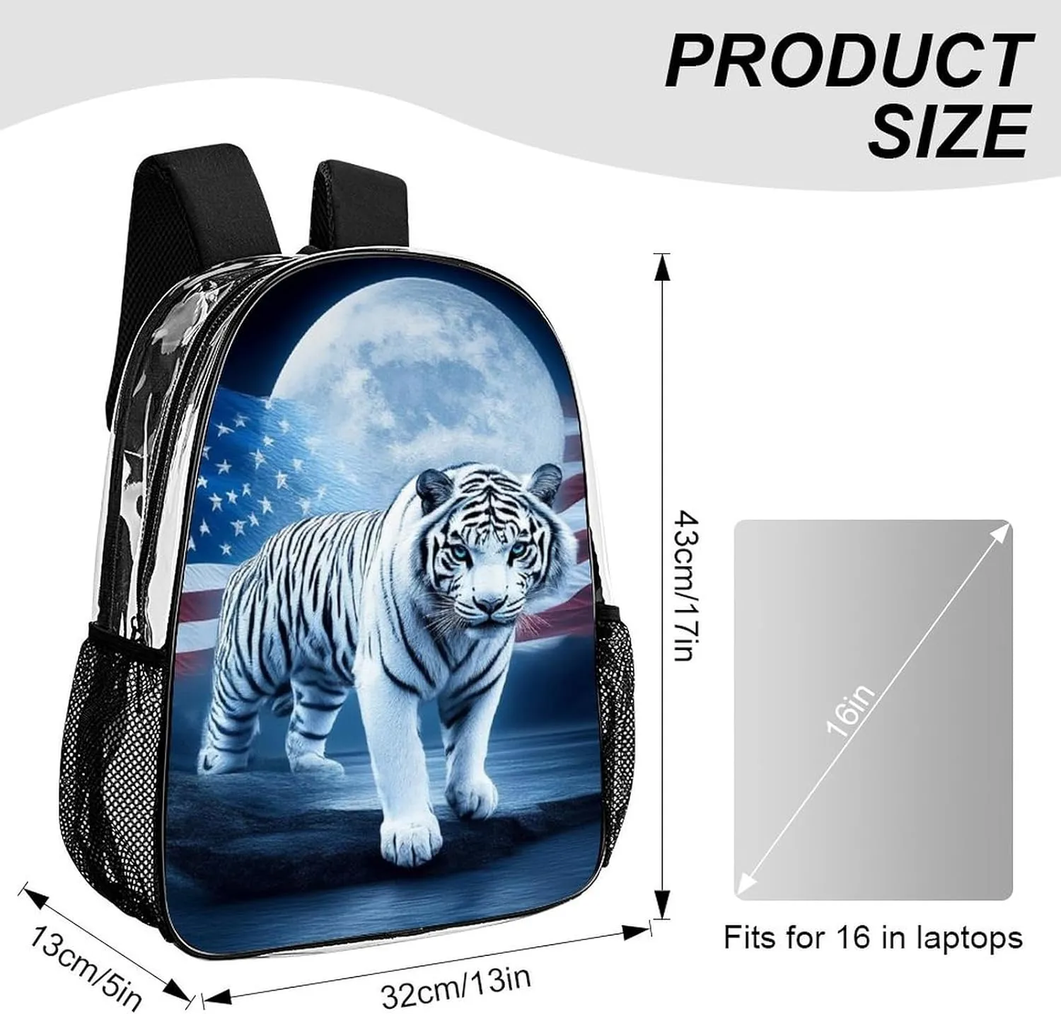 American Flag White Tiger Moon Patriotic Art Print Shoulder Book Bags Transparent Multipurpose Anti-Theft Carry On Bag Large Capacity Travel Hiking & Camping Rucksack