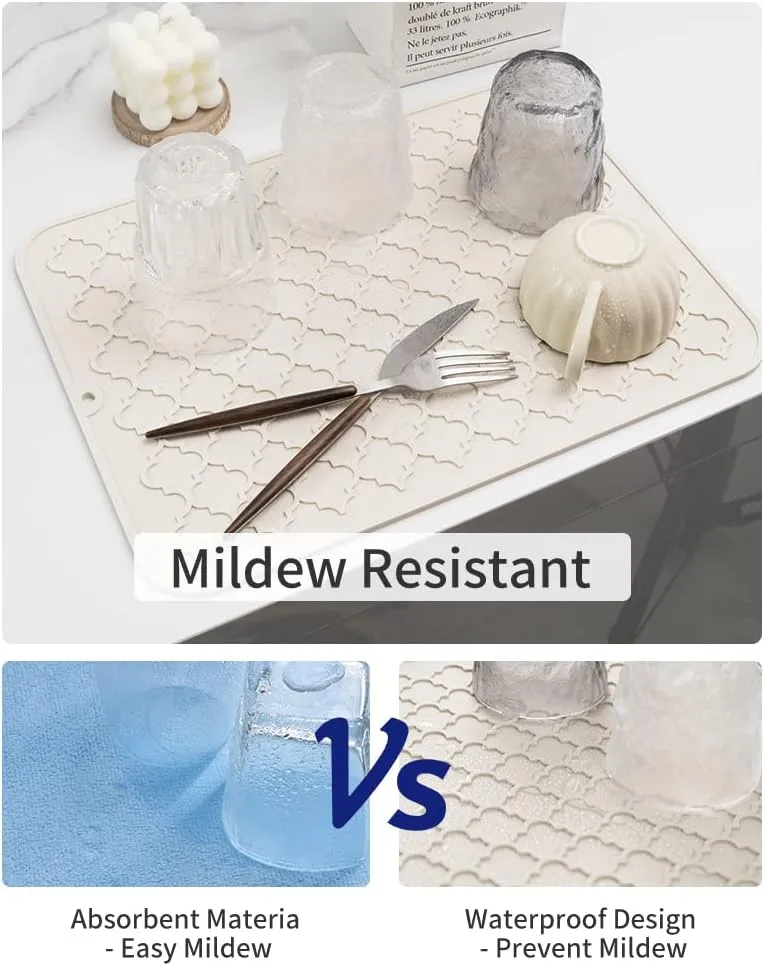 AMOAMI Silicone Dish Drying Mat - Heat Resistant Kitchen Counter Mat (16" x 24", BEIGE)