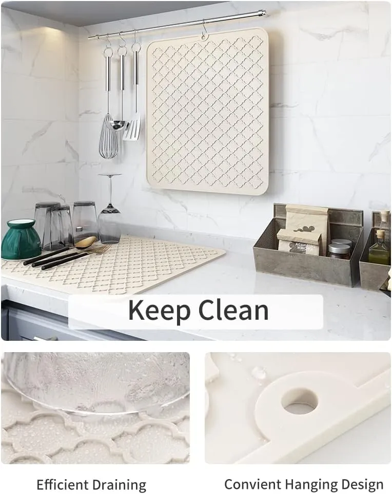 AMOAMI Silicone Dish Drying Mat - Heat Resistant Kitchen Counter Mat (16" x 24", BEIGE)