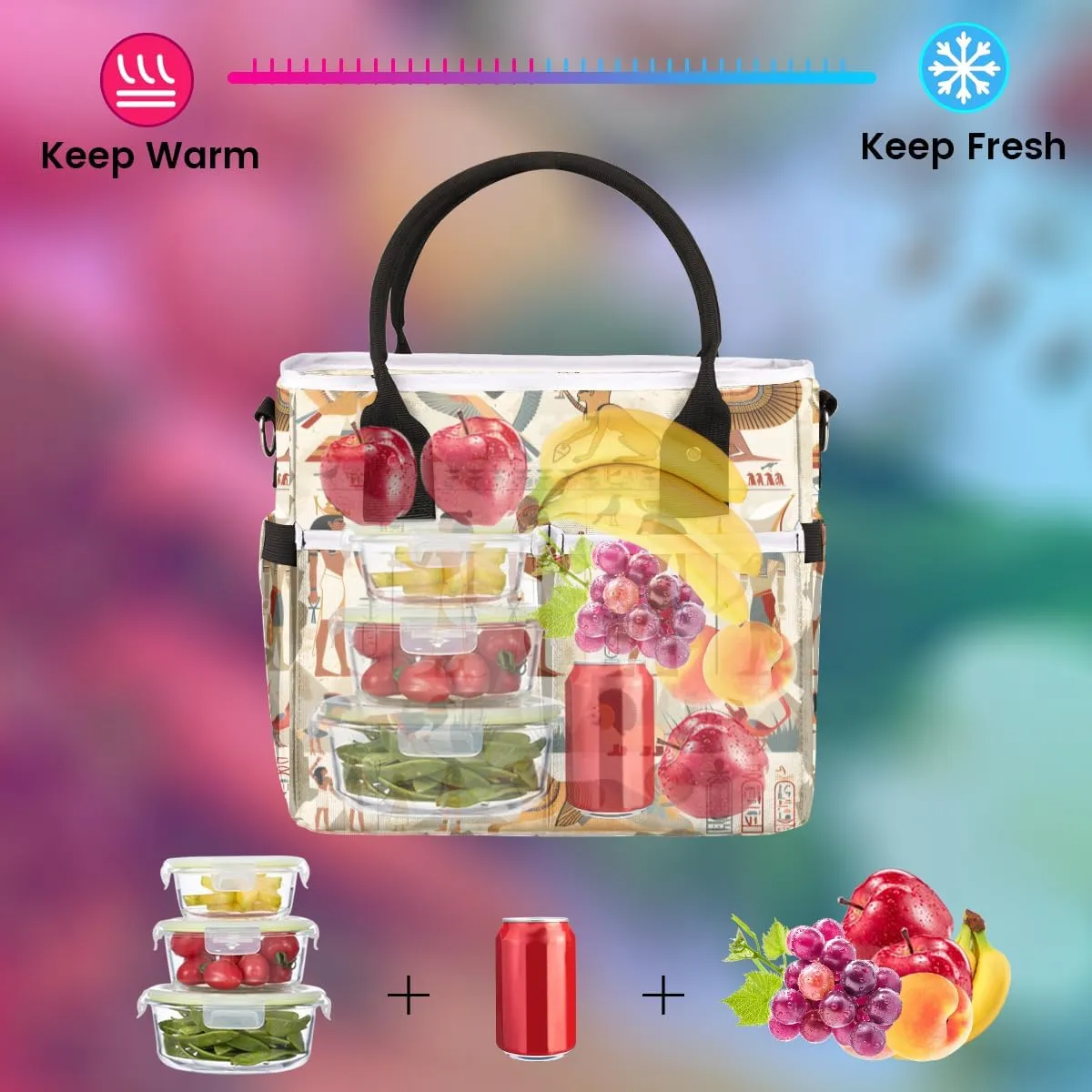 Ancient Egypt Civilization Theme Insulated Lunch Bag for Women Men Adults, Lunch Box with Adjustable Shoulder Strap Large Lunchs Tote Bag for Work Picnic Camping