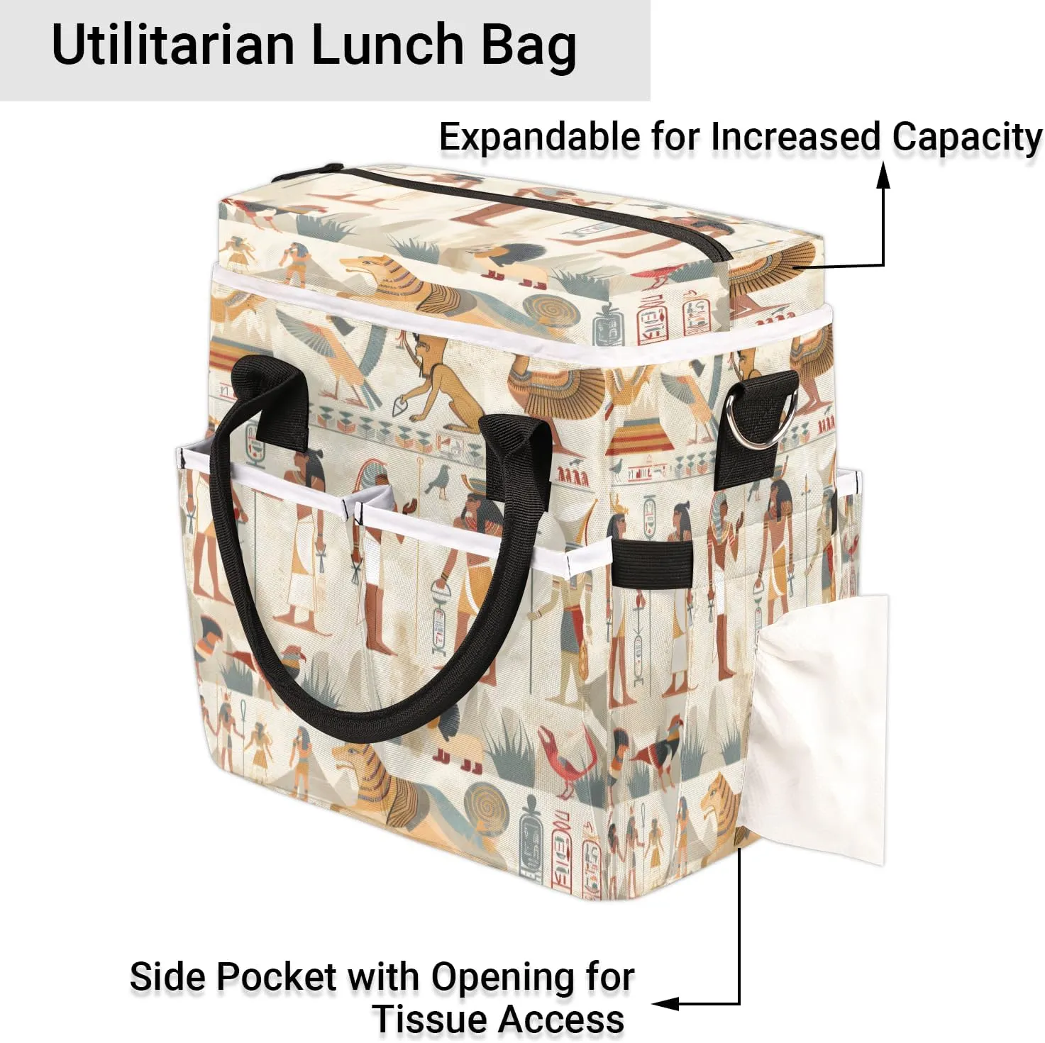 Ancient Egypt Civilization Theme Insulated Lunch Bag for Women Men Adults, Lunch Box with Adjustable Shoulder Strap Large Lunchs Tote Bag for Work Picnic Camping