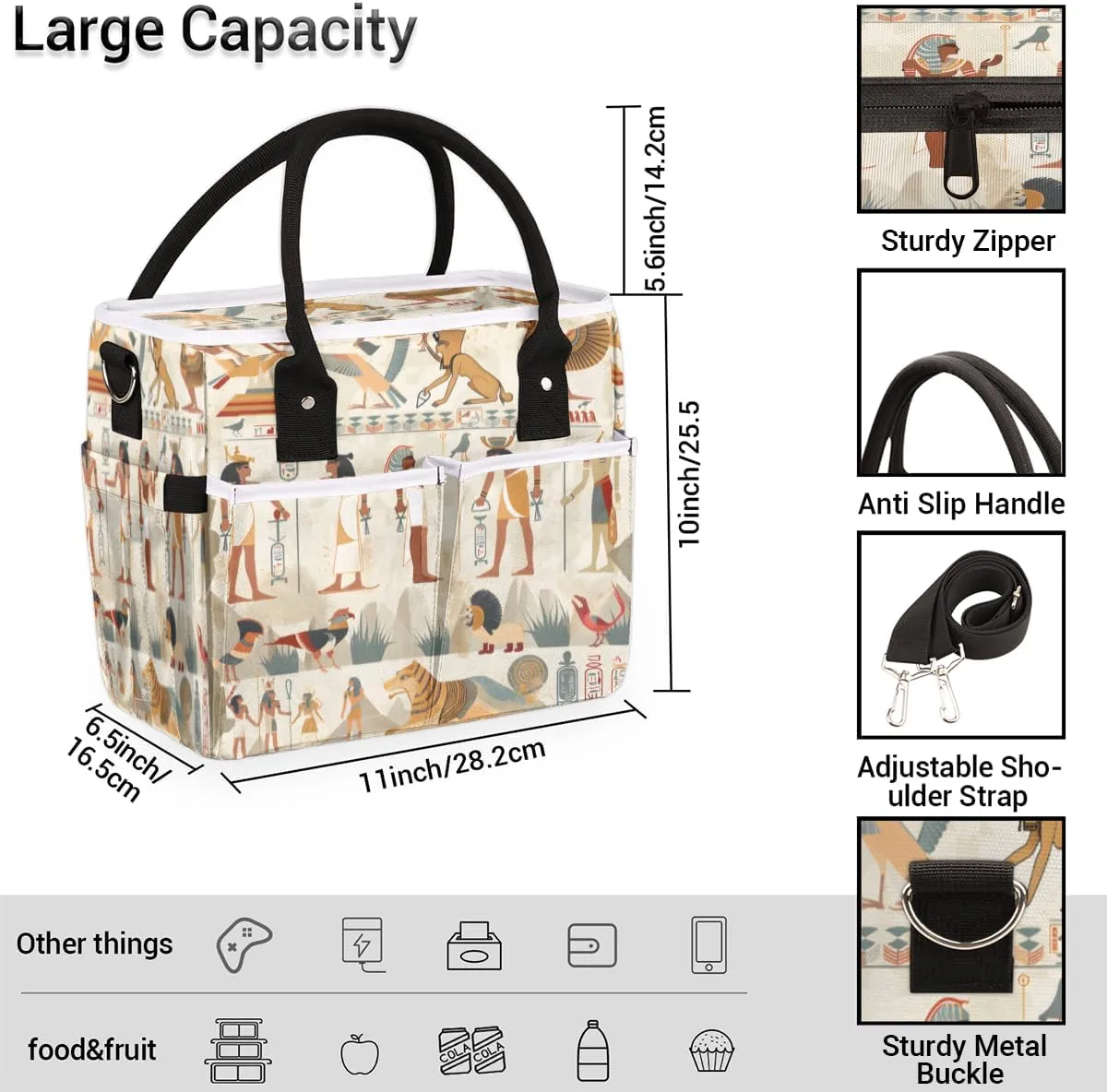 Ancient Egypt Civilization Theme Insulated Lunch Bag for Women Men Adults, Lunch Box with Adjustable Shoulder Strap Large Lunchs Tote Bag for Work Picnic Camping