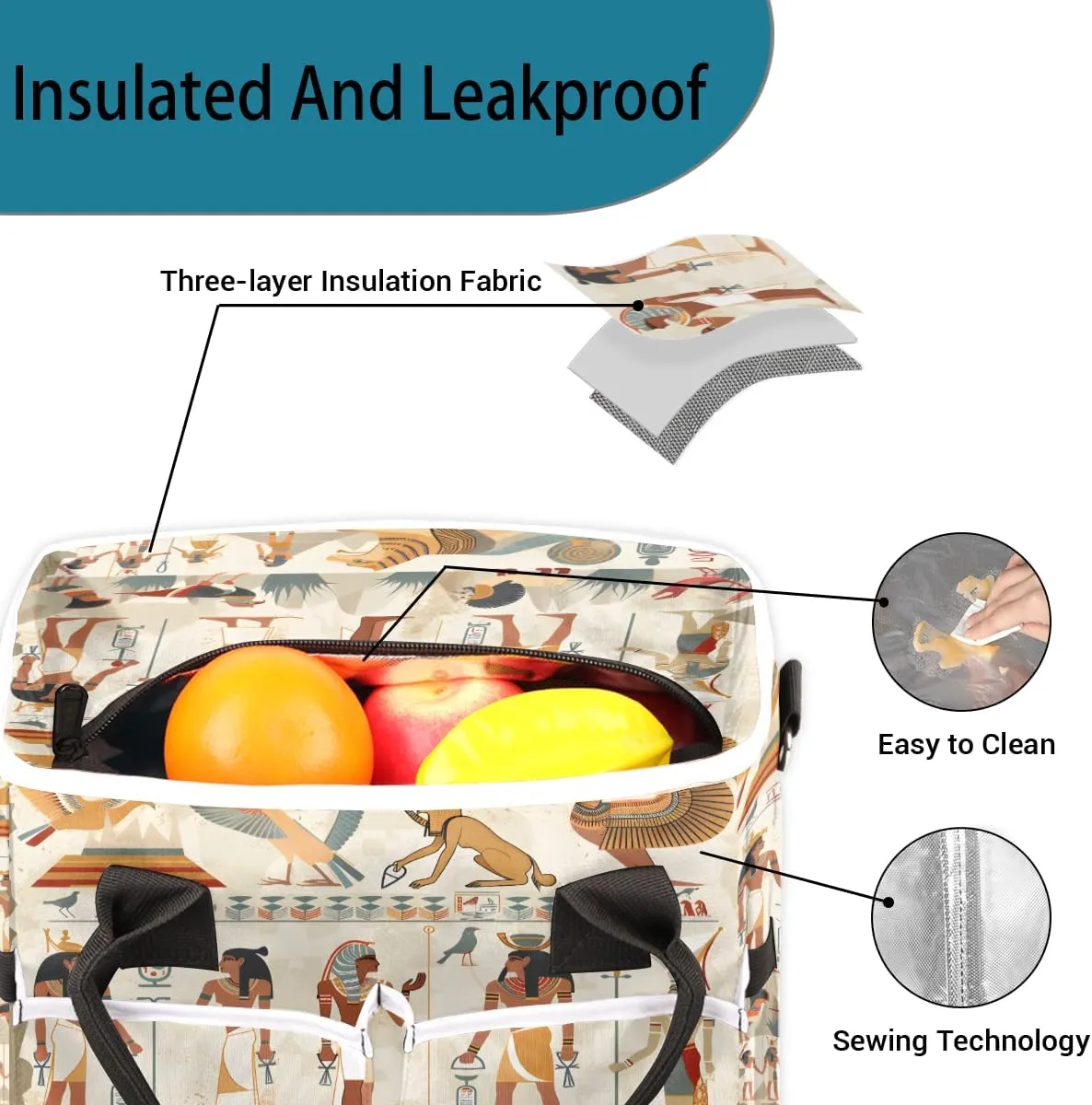 Ancient Egypt Civilization Theme Insulated Lunch Bag for Women Men Adults, Lunch Box with Adjustable Shoulder Strap Large Lunchs Tote Bag for Work Picnic Camping