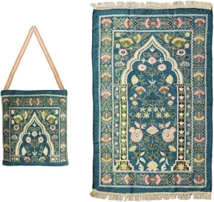 Anlising Muslim Prayer Mat With Elegant Design Bag - Portable Foldable Islamic Rug for Ramadan (Dark Green)