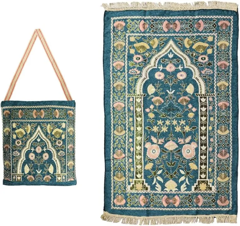 Anlising Muslim Prayer Mat With Elegant Design Bag - Portable Foldable Islamic Rug for Ramadan (Dark Green)