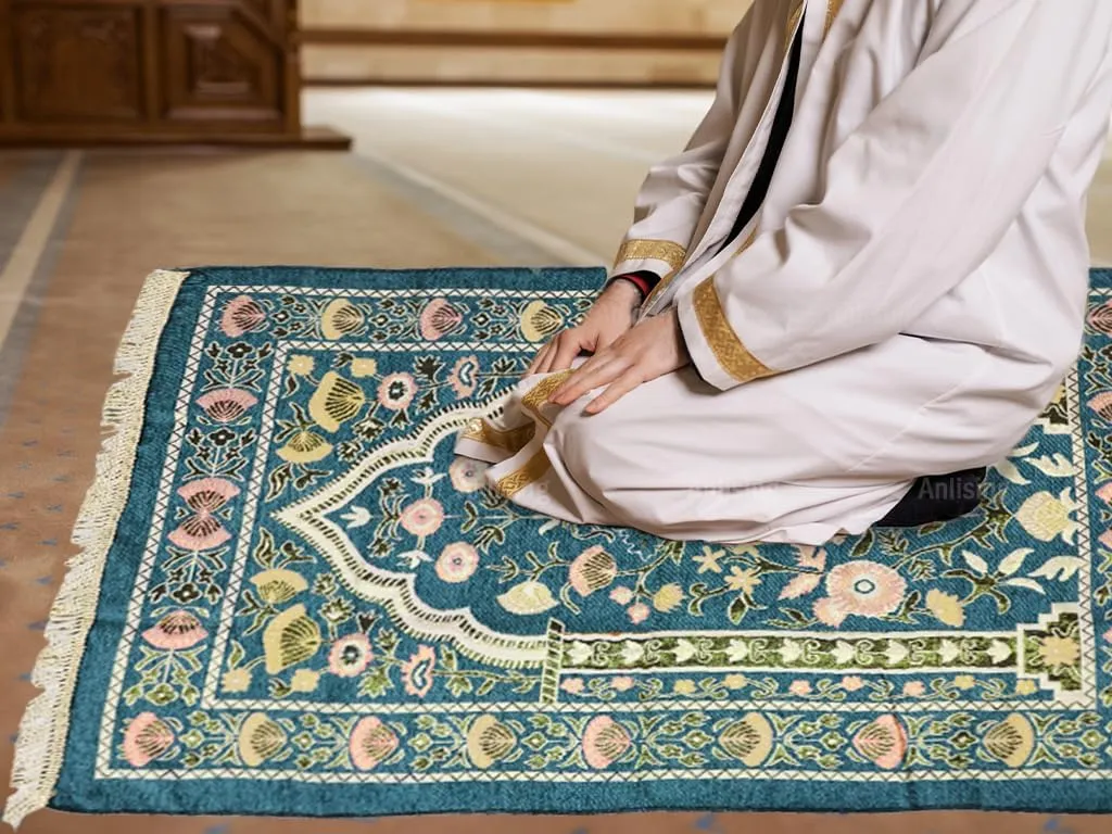 Anlising Muslim Prayer Mat With Elegant Design Bag - Portable Foldable Islamic Rug for Ramadan (Dark Green)
