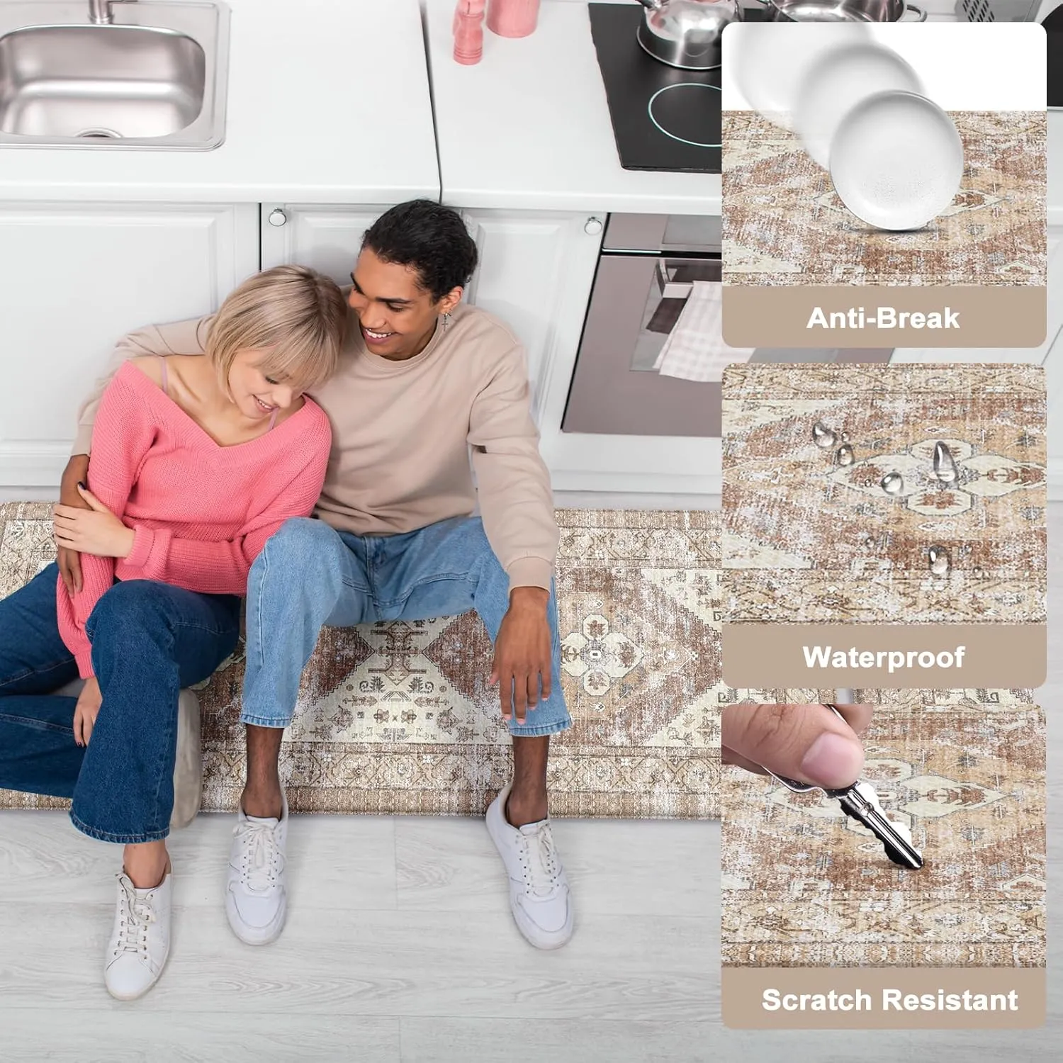 Anti Fatigue Kitchen Mat, Farmhouse Non-Slip Waterproof Cushioned Kitchen Rugs, Ergonomic Comfort Foam Standing Mat for Office,Laundry Room,Sink,Counter(Tan)