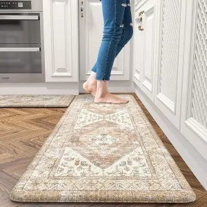 Anti Fatigue Kitchen Mat, Farmhouse Non-Slip Waterproof Cushioned Kitchen Rugs, Ergonomic Comfort Foam Standing Mat for Office,Laundry Room,Sink,Counter(Tan)