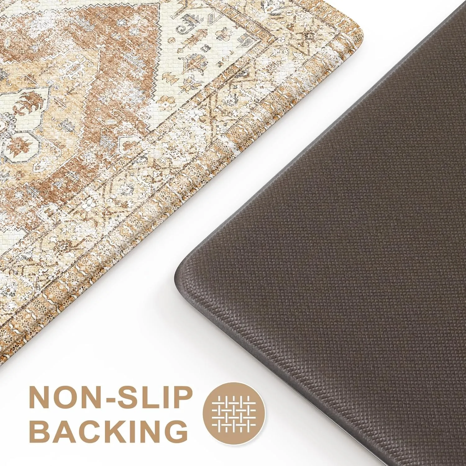 Anti Fatigue Kitchen Mat, Farmhouse Non-Slip Waterproof Cushioned Kitchen Rugs, Ergonomic Comfort Foam Standing Mat for Office,Laundry Room,Sink,Counter(Tan)