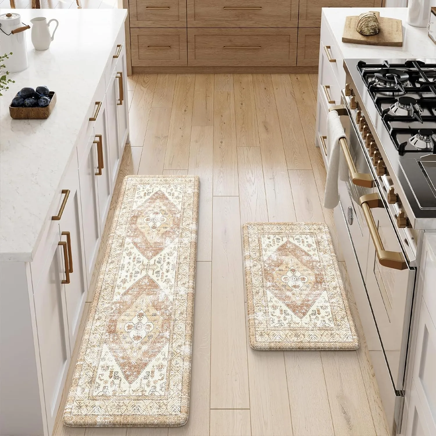 Anti Fatigue Kitchen Mat, Farmhouse Non-Slip Waterproof Cushioned Kitchen Rugs, Ergonomic Comfort Foam Standing Mat for Office,Laundry Room,Sink,Counter(Tan)