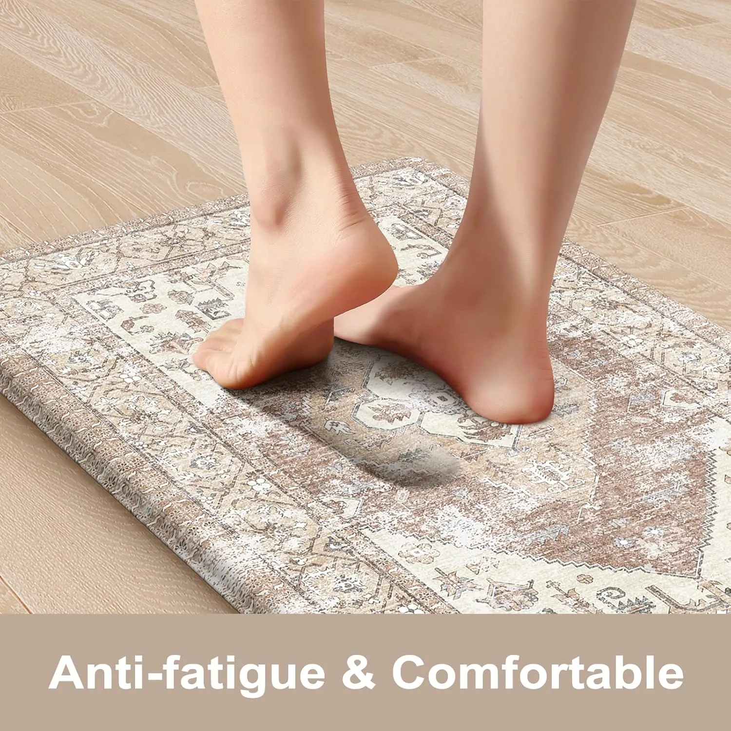 Anti Fatigue Kitchen Mat, Farmhouse Non-Slip Waterproof Cushioned Kitchen Rugs, Ergonomic Comfort Foam Standing Mat for Office,Laundry Room,Sink,Counter(Tan)