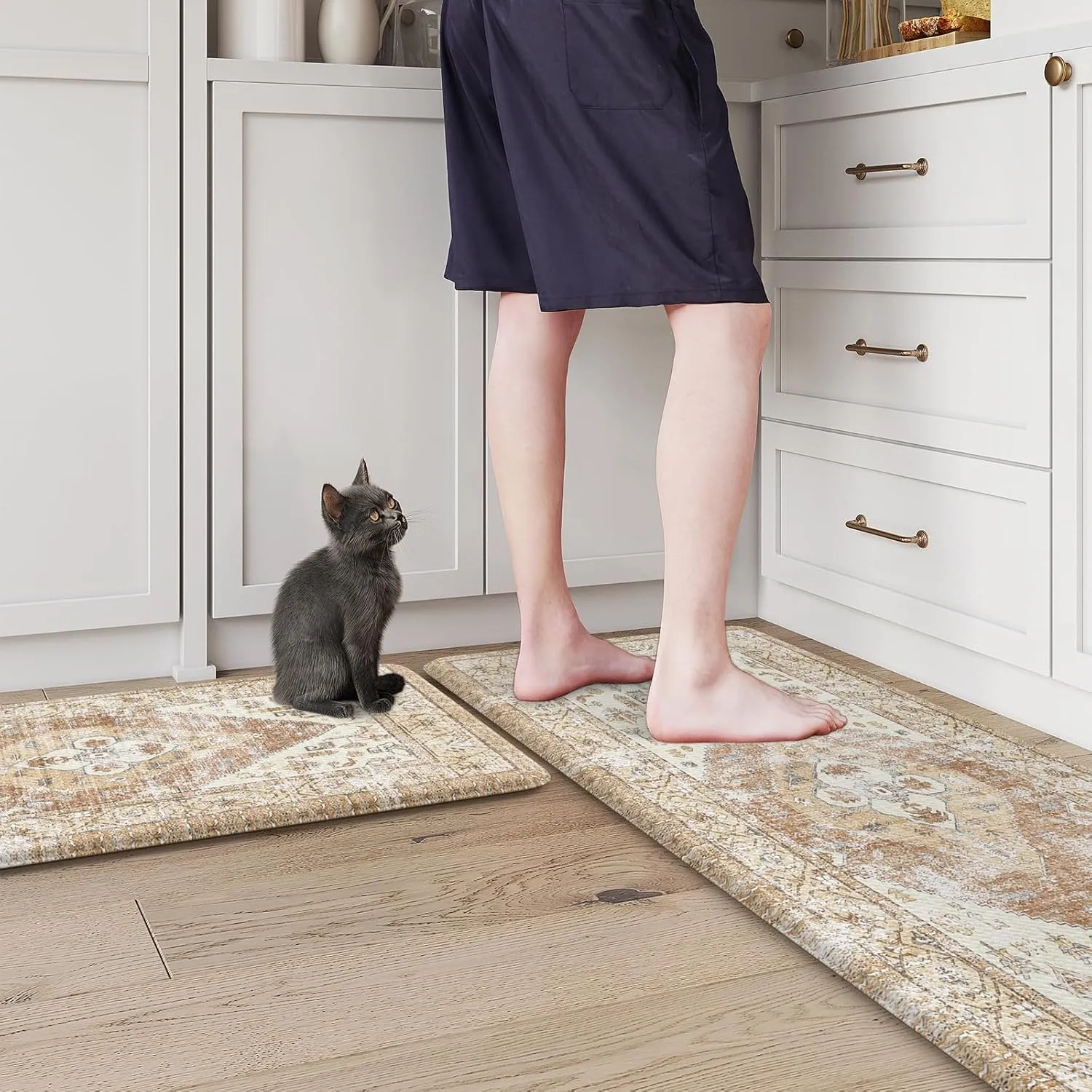 Anti Fatigue Kitchen Mat, Farmhouse Non-Slip Waterproof Cushioned Kitchen Rugs, Ergonomic Comfort Foam Standing Mat for Office,Laundry Room,Sink,Counter(Tan)