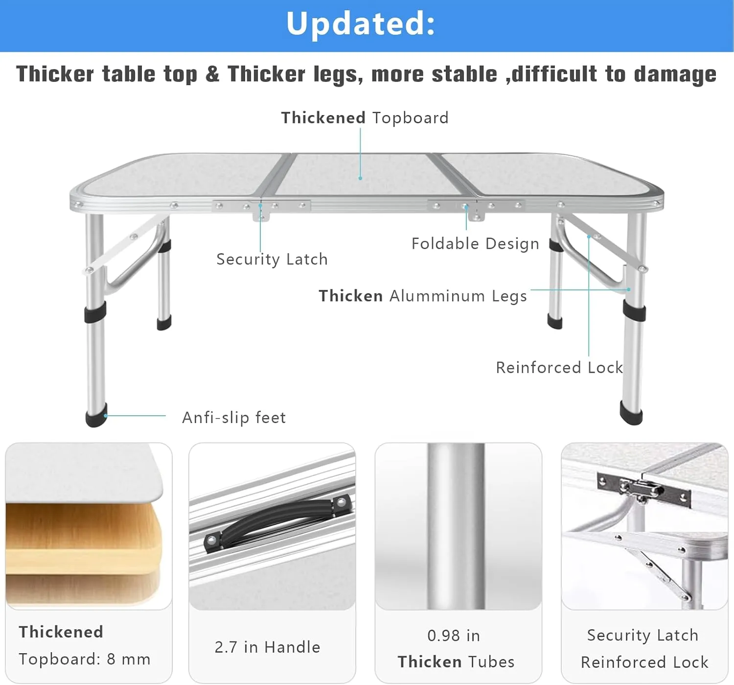 AO LI GEI Folding Camping Table Small with Storage Bag,Adjustable Height Portable Picnic Table,Upgraded Thickening Lightweight Outdoor Table Aluminum Legs (Sliver:15.7"x35.4", 2 Height:9.8"/19.7")