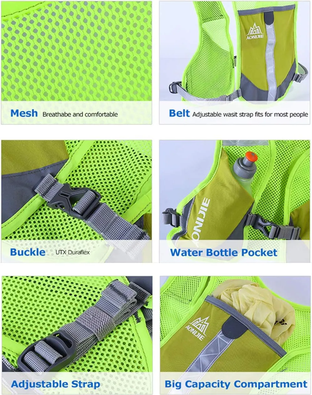 AONIJIE Men Women Ultralight Running Vest Pack Reflective Breathable Hydration Backpack for Hiking Camping Marathon Cycling Race (Blue - with 2 pcs 250ml Bottles)