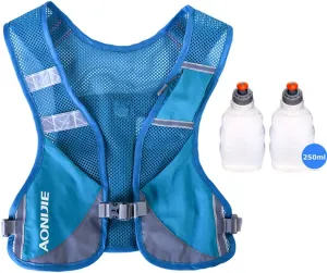 AONIJIE Men Women Ultralight Running Vest Pack Reflective Breathable Hydration Backpack for Hiking Camping Marathon Cycling Race (Blue - with 2 pcs 250ml Bottles)