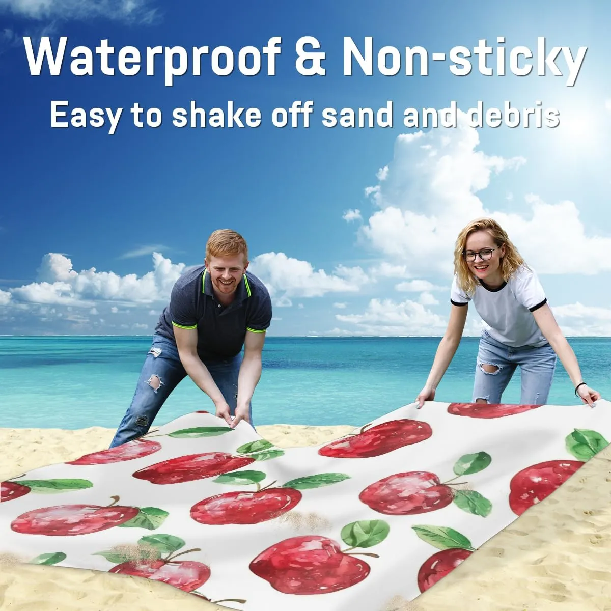 Apples Beach Blanket, Sandproof Beach Mat, Adults Waterproof Quick Drying Sand Free Mat with 4 x Ground Spikes for Outdoor Travel Camping Hiking, Fruit Apples