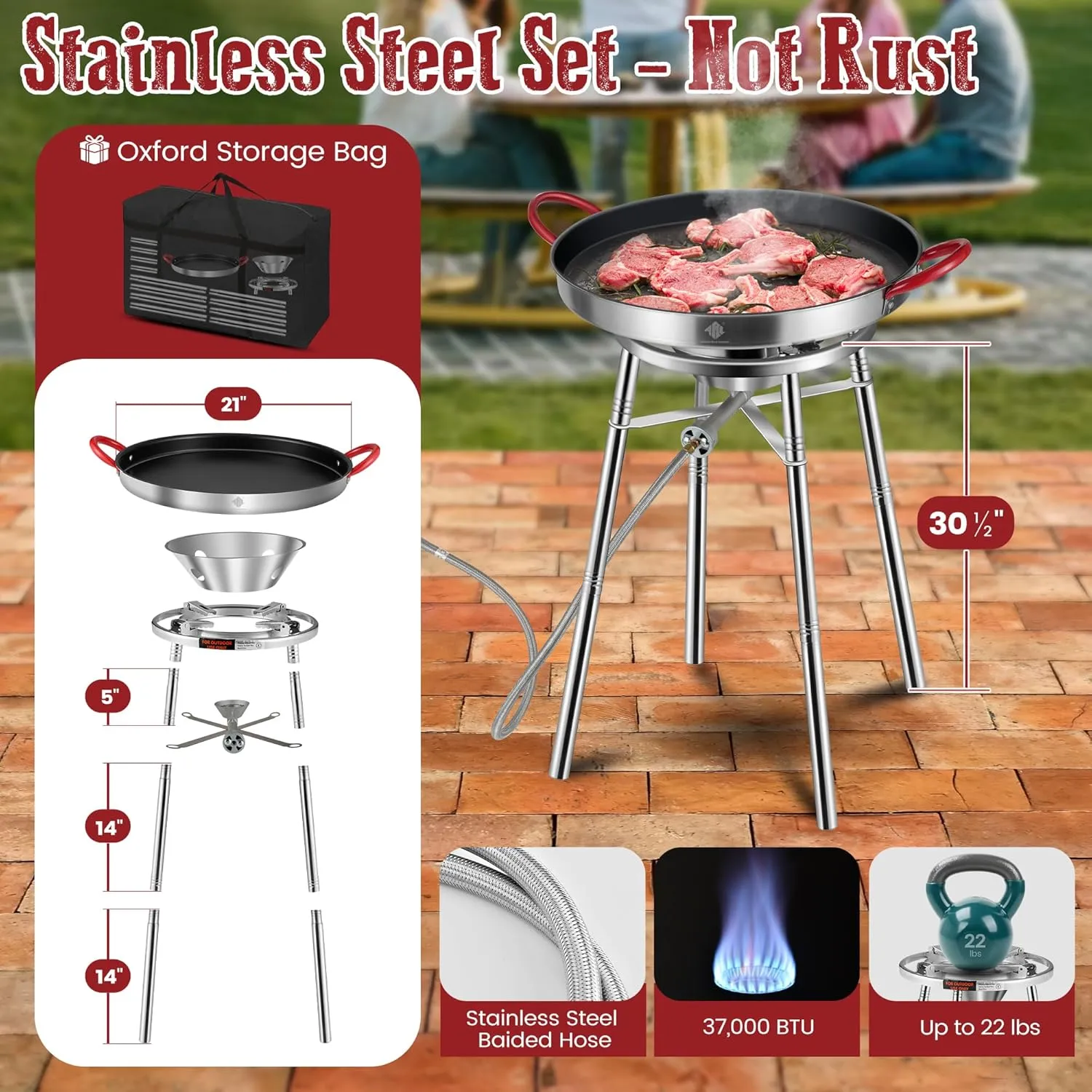 ARC 21 Inch Nonstick Paella Pan, 37,000 BTU Stainless Steel Paella Burner and Stand Set, Paella Pan Set with Propane Burner Head, Carry Bag, Wok Spatula, Foldable Brackets (16 Servings)