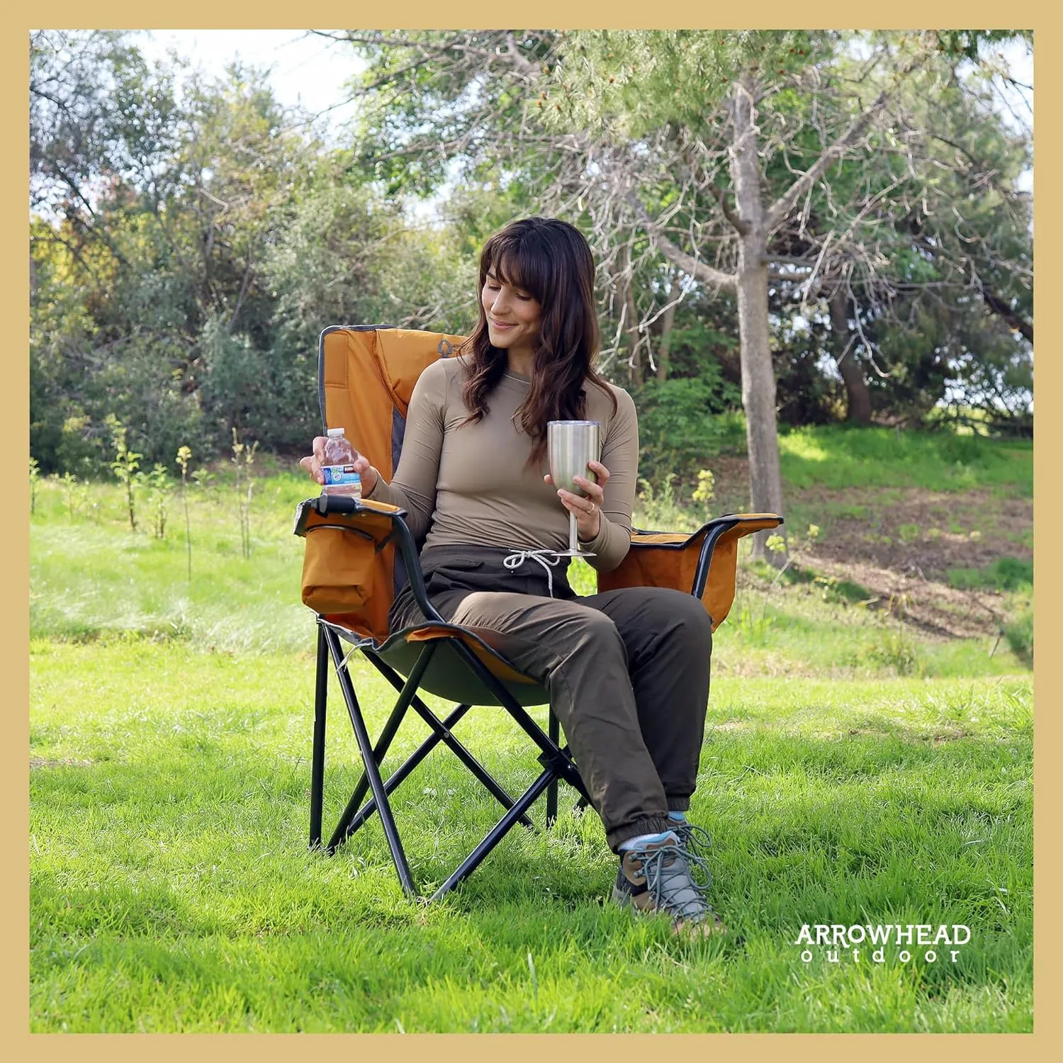 ARROWHEAD OUTDOOR Portable Folding Camping Quad Chair w/ 6-Can Cooler, Cup & Wine Glass Holders, Heavy-Duty Carrying Bag, Padded Armrests, Headrest & Seat, Supports up to 550lbs, USA-Based Support