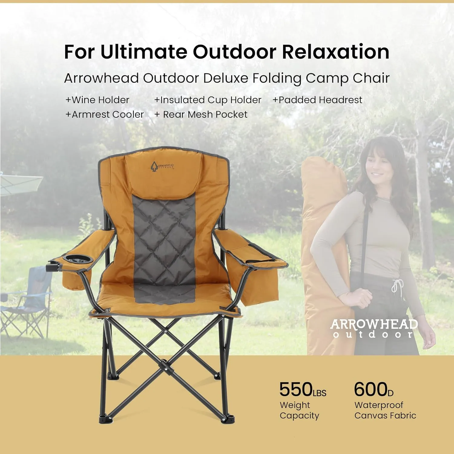 ARROWHEAD OUTDOOR Portable Folding Camping Quad Chair w/ 6-Can Cooler, Cup & Wine Glass Holders, Heavy-Duty Carrying Bag, Padded Armrests, Headrest & Seat, Supports up to 550lbs, USA-Based Support