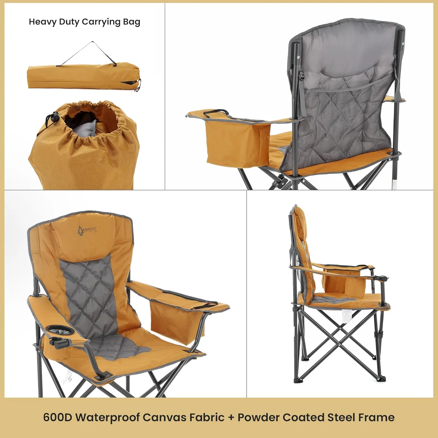 ARROWHEAD OUTDOOR Portable Folding Camping Quad Chair w/ 6-Can Cooler, Cup & Wine Glass Holders, Heavy-Duty Carrying Bag, Padded Armrests, Headrest & Seat, Supports up to 550lbs, USA-Based Support