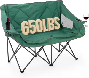 ARROWHEAD OUTDOOR Portable Folding Double Duo Camping Chair Loveseat w/ 2 Cup & Wine Glass Holder, Heavy-Duty Carrying Bag, Padded Seats & Armrests, Supports up to 500lbs, USA-Based Support