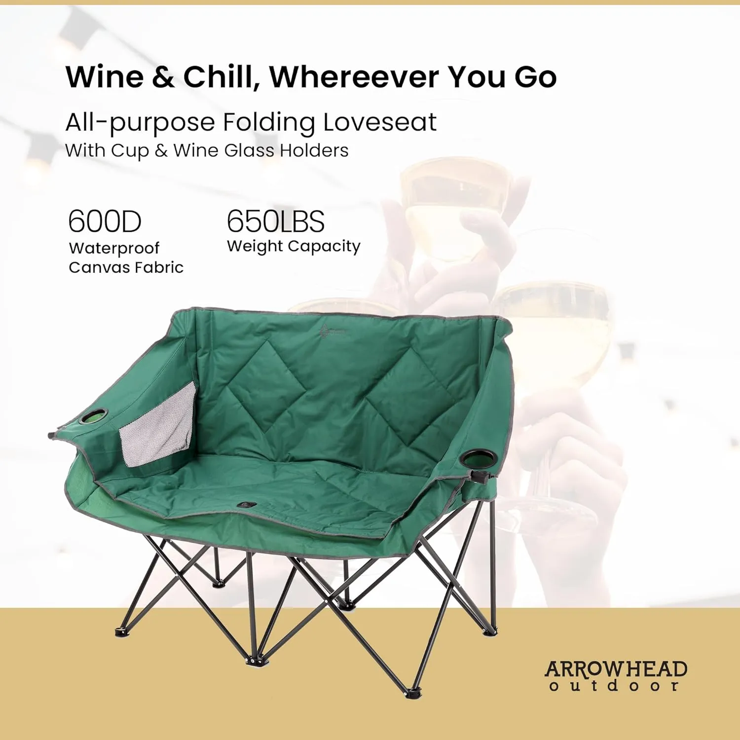 ARROWHEAD OUTDOOR Portable Folding Double Duo Camping Chair Loveseat w/ 2 Cup & Wine Glass Holder, Heavy-Duty Carrying Bag, Padded Seats & Armrests, Supports up to 500lbs, USA-Based Support